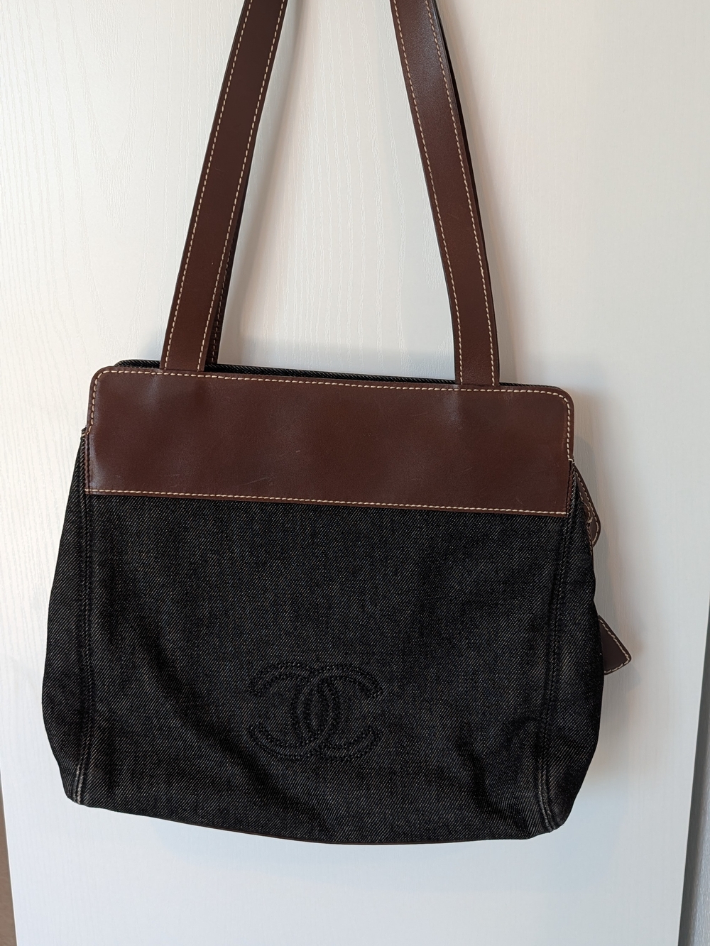 Chanel Black Denim and Brown Leather Tote
